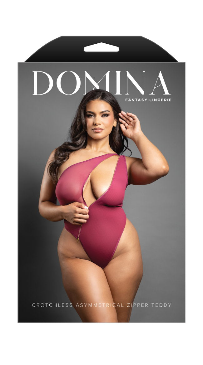 Plus Size Berry Asymmetrical One Shoulder Mesh Teddy