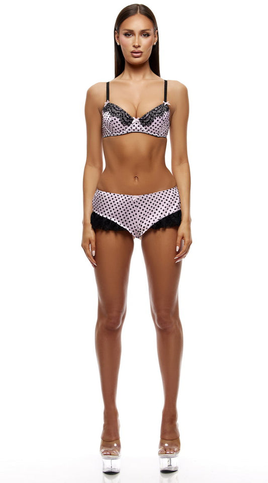 On The Dot 2 Piece Polka Dot Lace Bra And Shorts Set