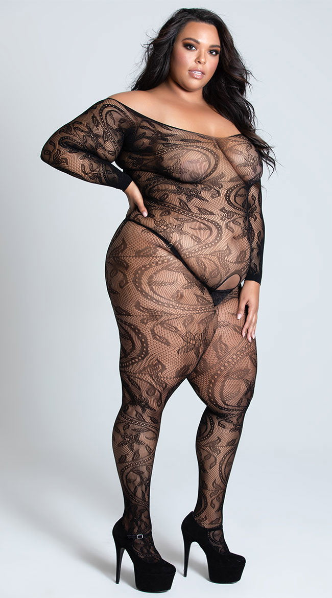 Plus Size Swirling Floral Lace Bodystocking