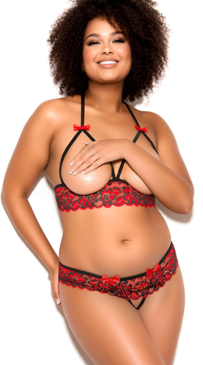 Plus Size Open Cup Red Lace Bra Set