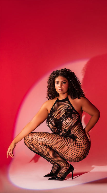 Plus Size Halter And Crotchless Floral Bodystocking