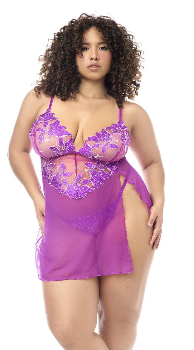 Plus Size Floral Fantasy Sheer Babydoll Set