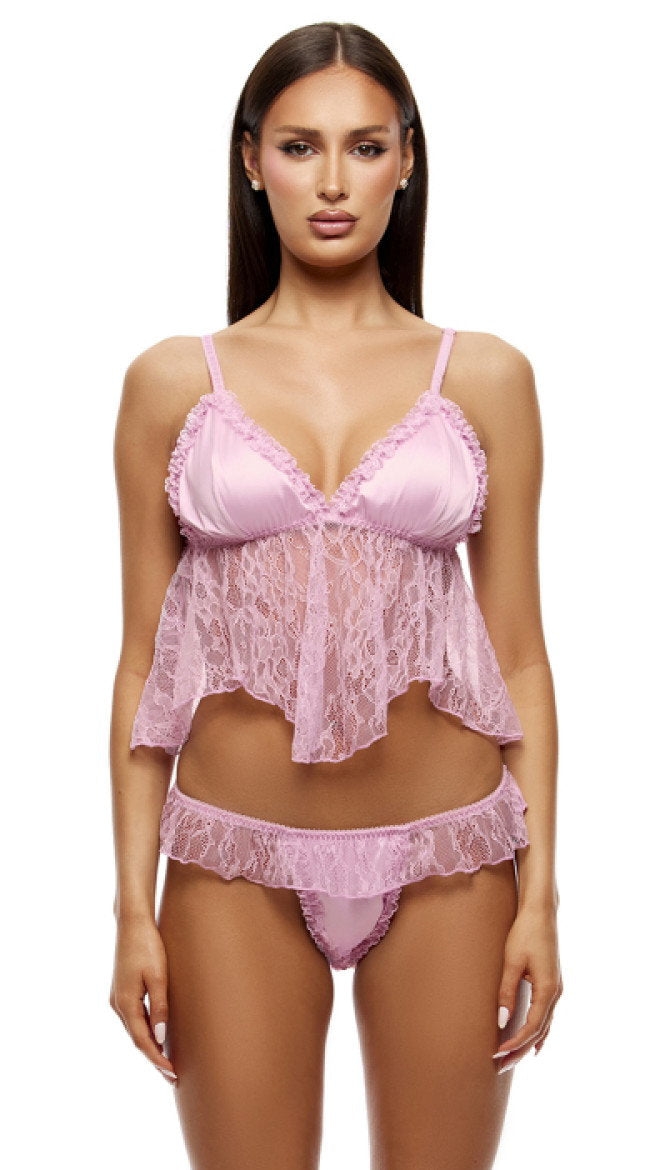 Sheer Mesh And Lace Cami And Thong Set