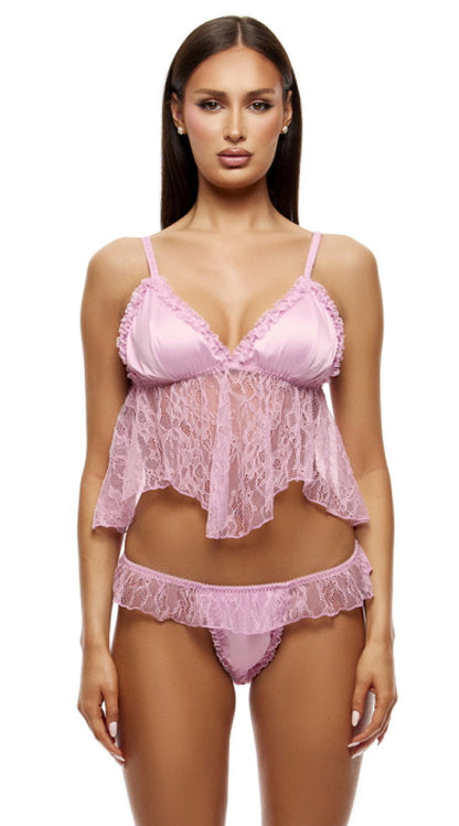 Sheer Mesh And Lace Cami And Thong Set