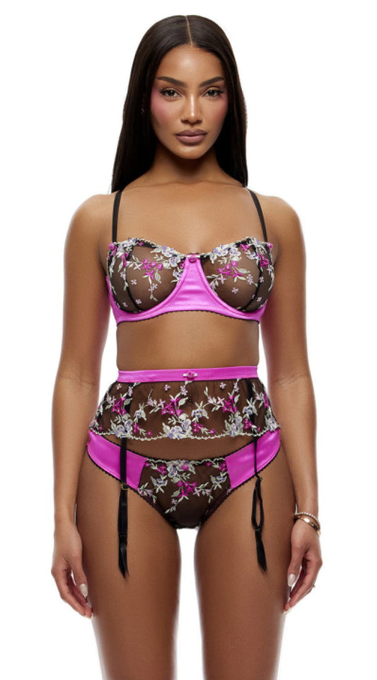 Embroidered Floral Lace Bra And Garter Belt Set