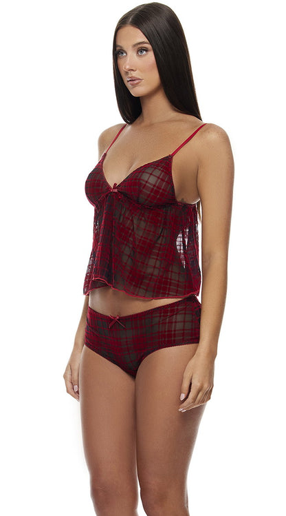 Velvet Lines Plaid Mesh Cami and Boyshorts Lingerie Set