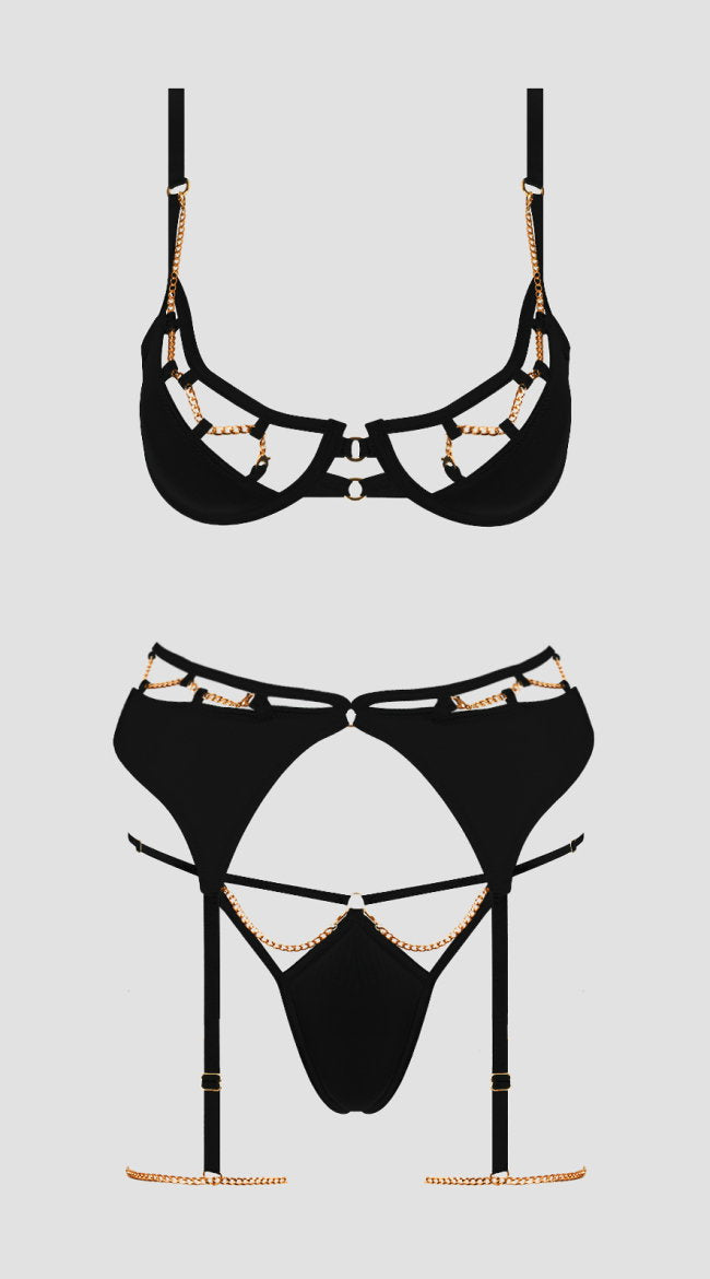 Plus Size Evangeline Satin & Chain Bra, Thigh Garter & G String Set