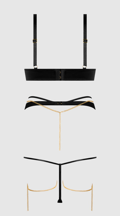 Plus Size Evangeline Satin & Chain Bra, Thigh Garter & G String Set