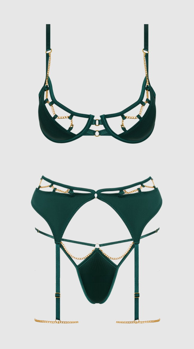 Plus Size Evangeline Satin & Chain Bra, Thigh Garter & G String Set