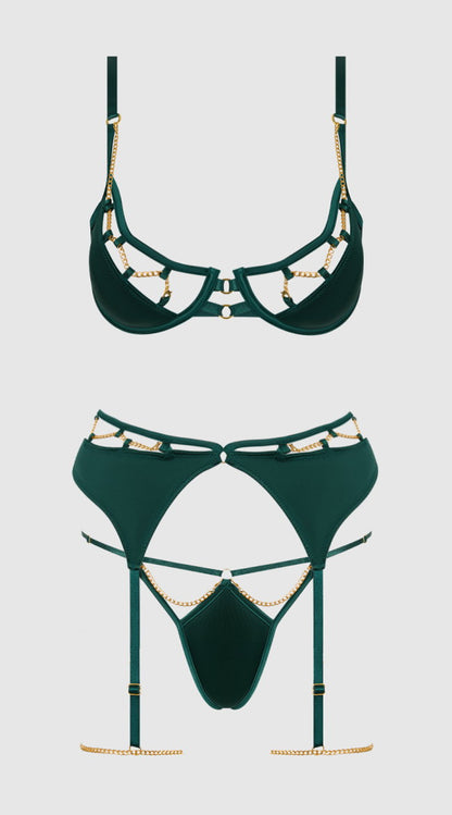 Plus Size Evangeline Satin & Chain Bra, Thigh Garter & G String Set