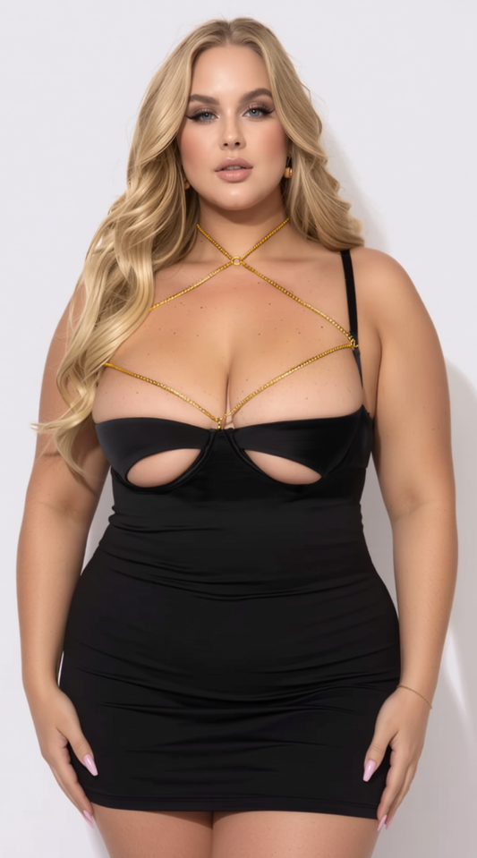 Plus Size Evangeline Satin & Chain Cutout Cup & Open Back Chemise Set
