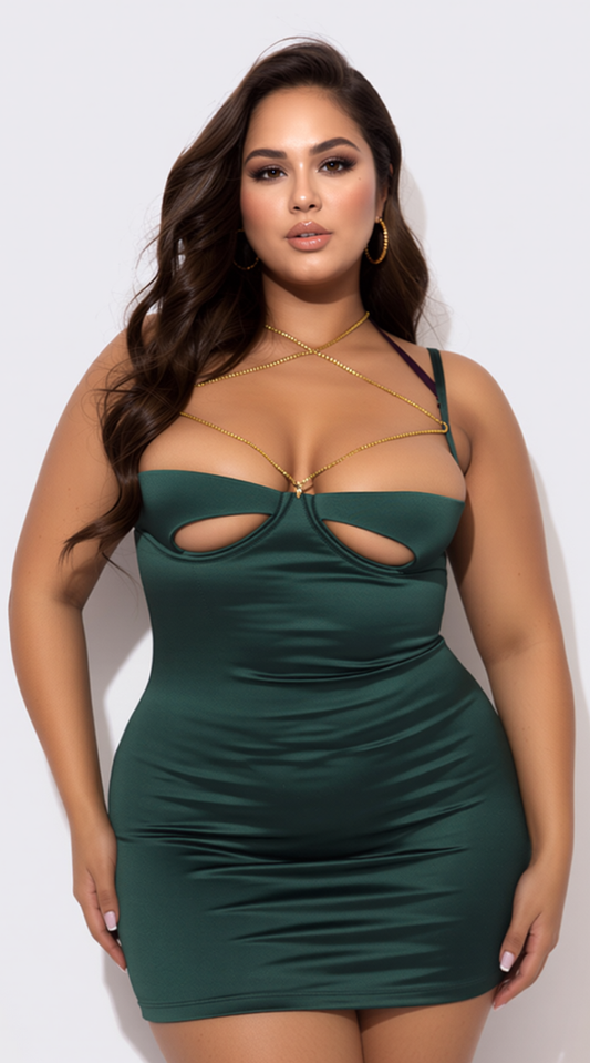 Plus Size Evangeline Satin & Chain Cutout Cup & Open Back Chemise Set