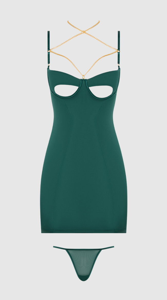 Plus Size Evangeline Satin & Chain Cutout Cup & Open Back Chemise Set