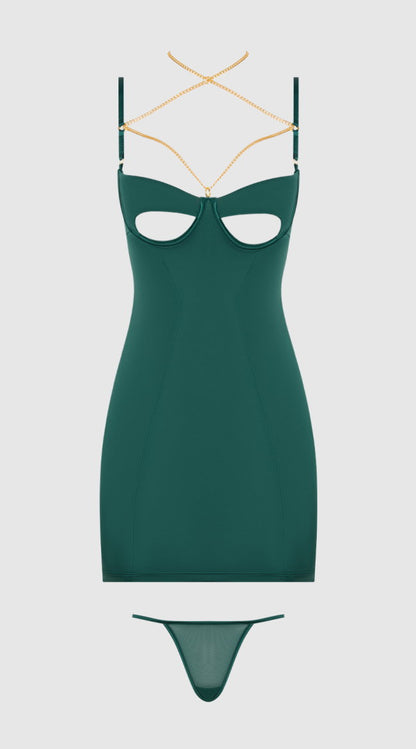 Plus Size Evangeline Satin & Chain Cutout Cup & Open Back Chemise Set