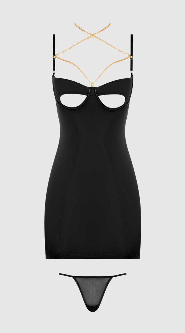 Evangeline Satin & Chain Cutout Cup & Open Back Chemise Set