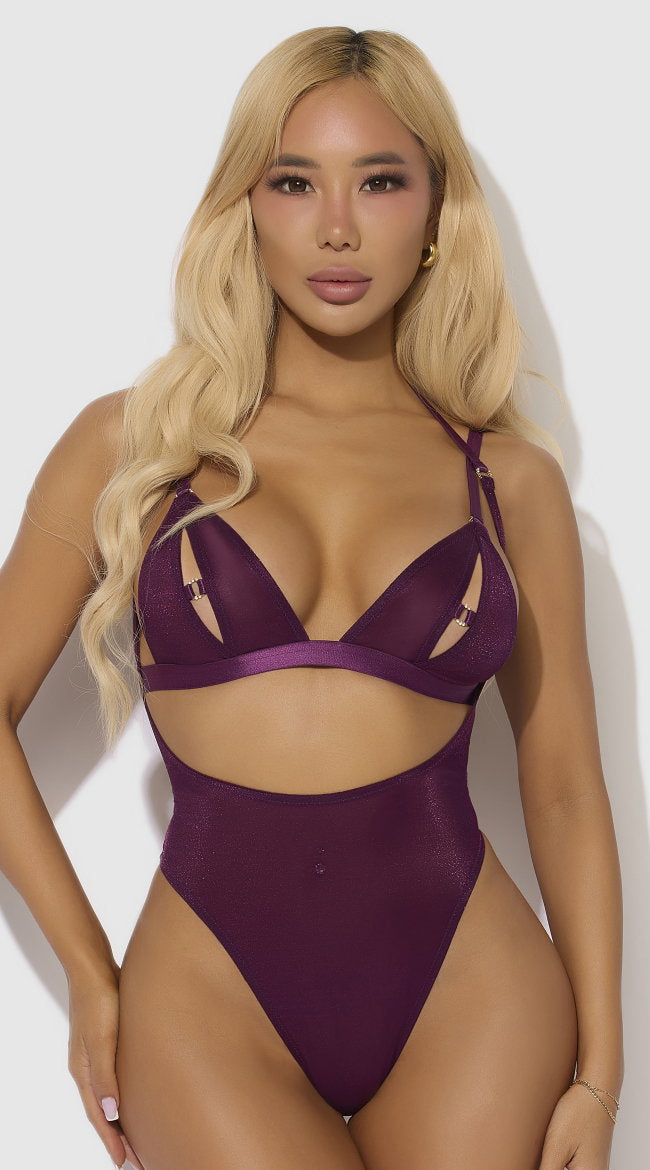 Yasmine Shimmer Mesh Slit Cup Backless Teddy