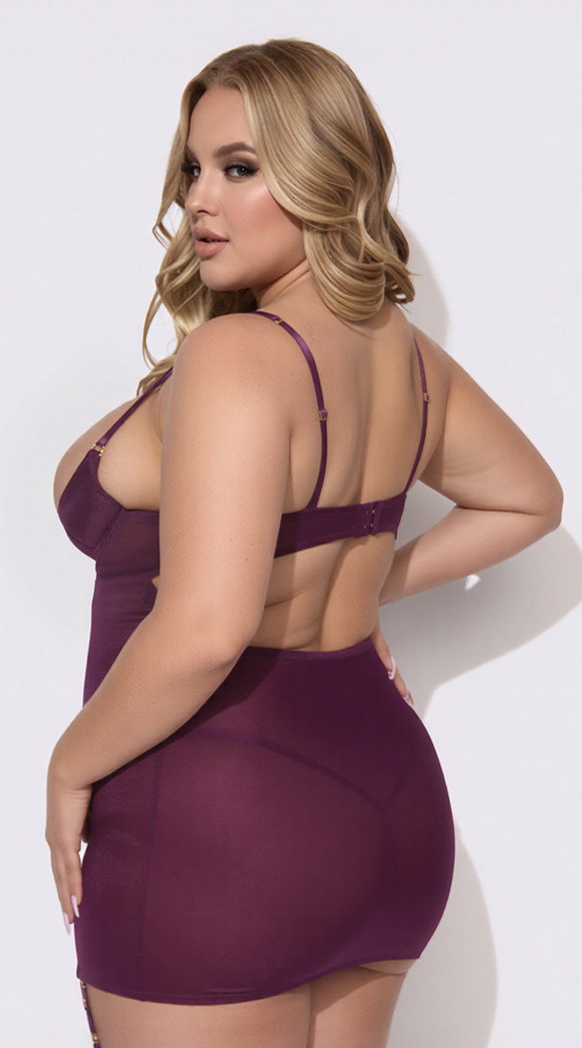 Plus Size Yasmine Shimmer Mesh O Ring Chemise Set