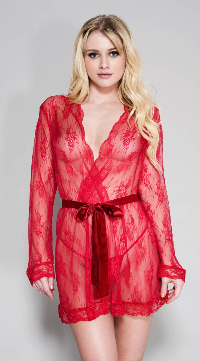 Sheer Lace Robe With Butterfly Sleeves