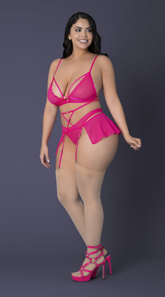Bralette, High Leg Panty & Garter Skirt Set