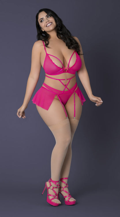 Bralette, High Leg Panty & Garter Skirt Set
