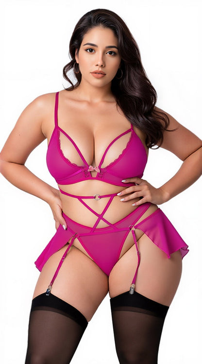 Bralette, High Leg Panty & Garter Skirt Set