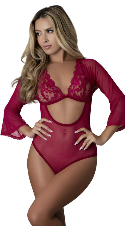 Sheer Lace and Mesh Long Sleeve Teddy