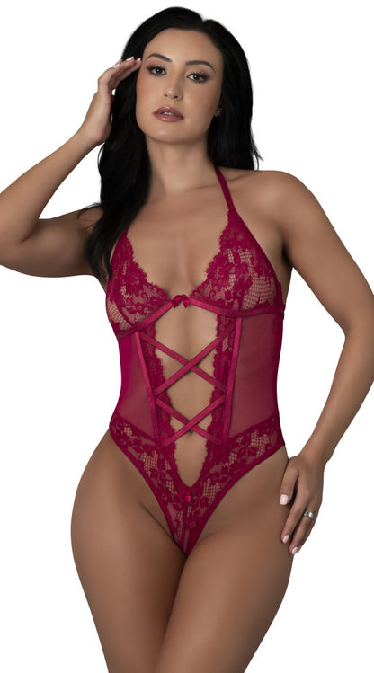 Sheer Lace-Up Halter Teddy Lingerie
