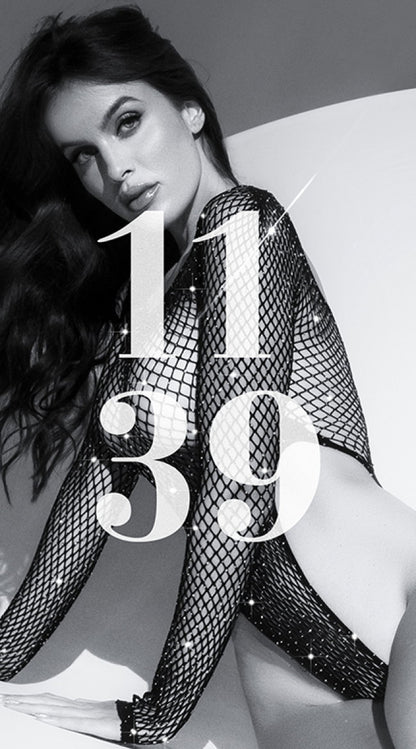Long Sleeve Fishnet Rhinestone Bodysuit