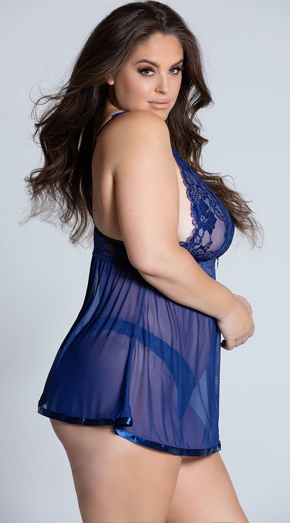 Plus Size Evening Romance Lace and Mesh Babydoll Set