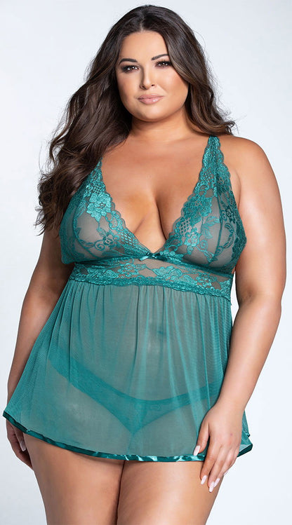 Plus Size Evening Romance Lace and Mesh Babydoll Set