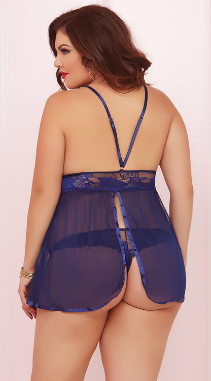 Plus Size Evening Romance Lace and Mesh Babydoll Set