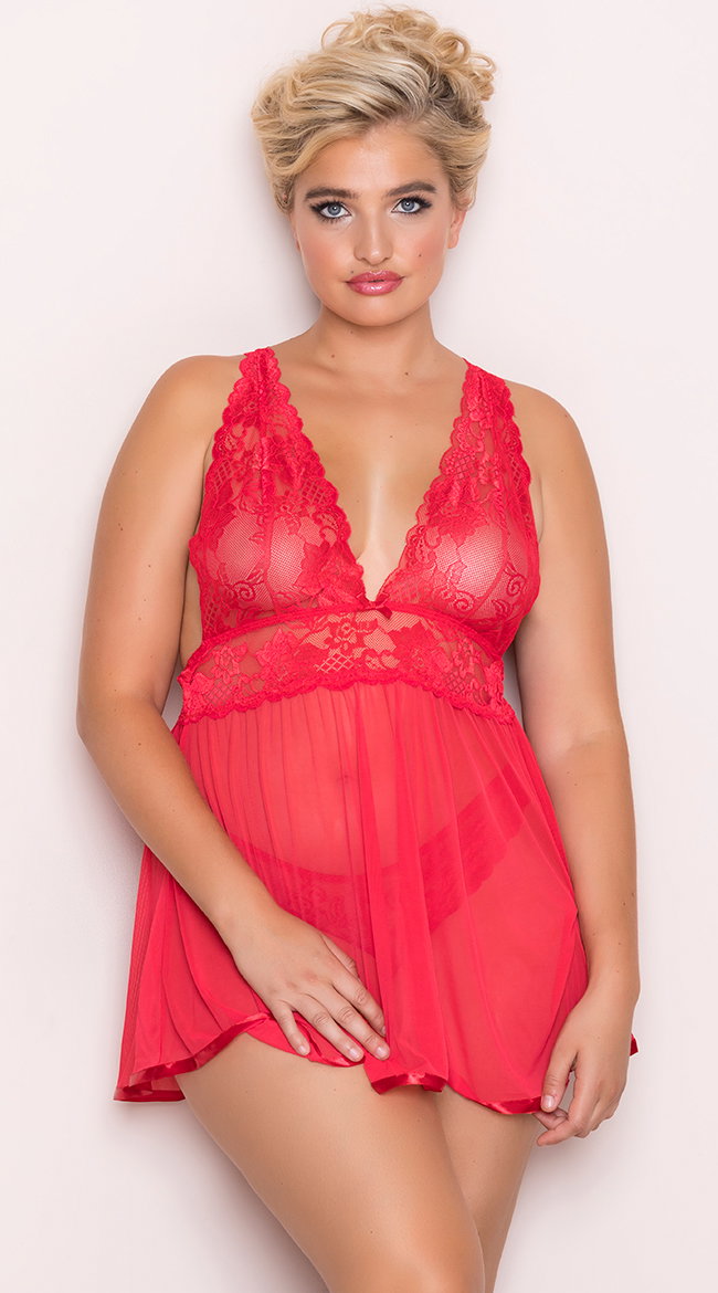 Plus Size Evening Romance Lace and Mesh Babydoll Set